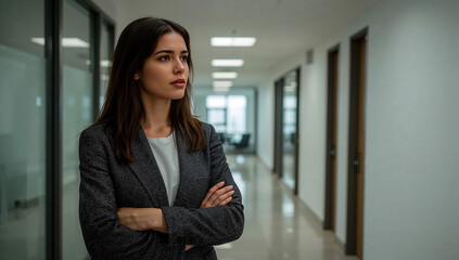 Obraz premium Confident businesswoman leader looking away in office hallway