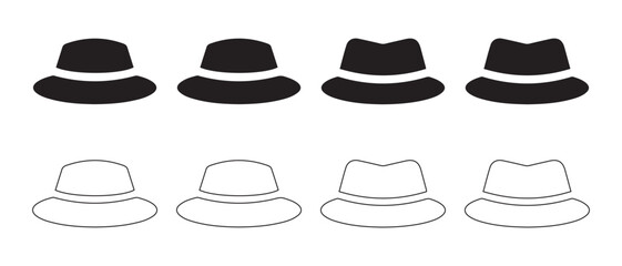 Hat Icon Set. Fedora-Style Silhouettes and Outlines in Varied Brim and Crown Designs for Fashion and Apparel Graphics.