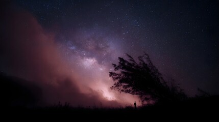Naklejka premium A lone silhouette stands beneath the vibrant Milky Way galaxy and a starry night sky