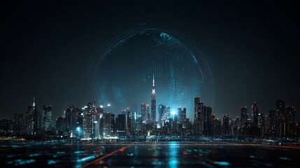 Futuristic cityscape at night with digital globe overlay, a vibrant and modern urban center that evokes technology and global connectivity