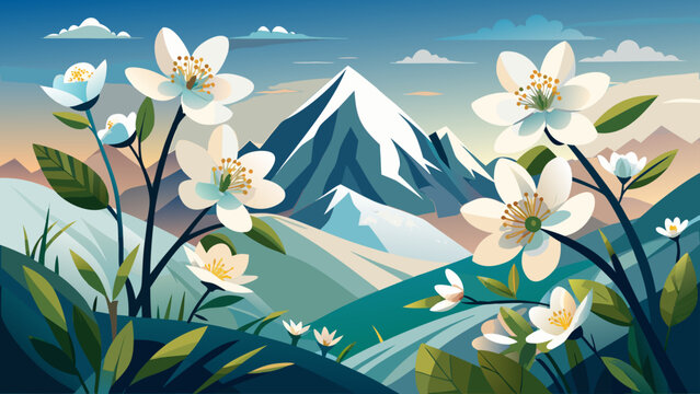 Very beautiful minimalist composition showcasing delicate alpine white blossoms on a pure, soft background, highlighting natural elegance, purity, and serene mountain-inspired simplicity in modern 