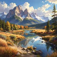 Majestic Mountain Landscape with River and Autumn Colors.