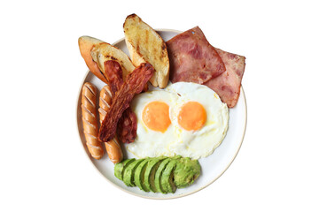 A delicious and appetizing breakfast platter with eggs, bacon, sausage, avocado and toast
