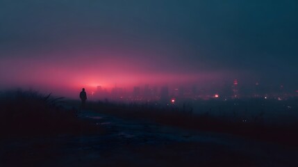 Obraz premium A solitary figure on a misty hill overlooks a vibrant foggy city skyline bathed in twilight hues