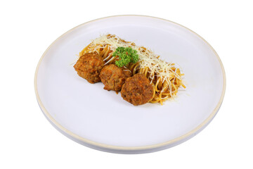 Delicious plate of pasta with meatballs, cheese, and parsley garnish, served on a round plate