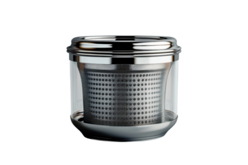 Stainless steel tea infuser with a clear glass surround for brewing tea on transparent background