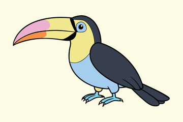 A colorful toucan bird with a large beak is perched on a branch in the jungle