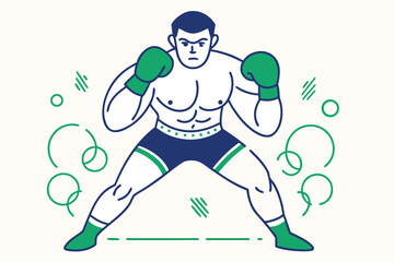 A muscular boxer with gloves is ready to fight in the ring with determination