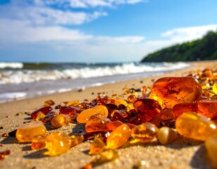Close-up of amber gems scattered across a sandy beach, with ocean waves gently breaking in the blurred background under a clear sky