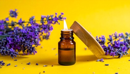 Close-up of amber glass bottle with a candle and purple flowers arranged on a vibrant yellow surface