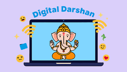 Digital darshan lord ganesha on laptop screen with emojis around it