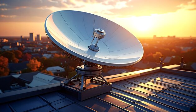 Large, reflective parabolic antenna atop a rooftop, silhouetted against a vibrant orange sunset over a city