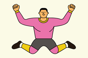 Athlete celebrating victory with arms raised and legs spread