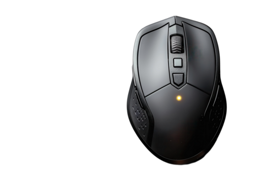 Sleek black wireless gaming mouse with ergonomic design and customizable buttons on transparent background