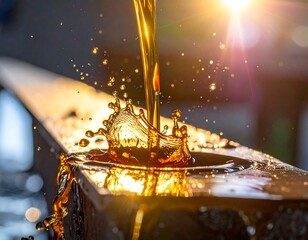 Close-up of amber liquid pouring, creating a crown-shaped splash against sunlit backdrop. Bokeh creates dreamy atmosphere