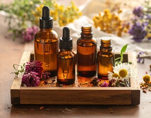 Close-up of amber glass bottles with droppers on a wooden tray with flowers and herbs