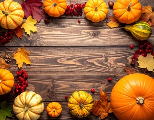 Autumn Harvest Bounty - Pumpkins, Berries, and Leaves on Wood.