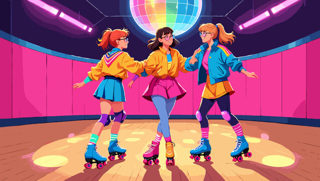 Three girls roller skating at a disco rink in retro 80s fashion style