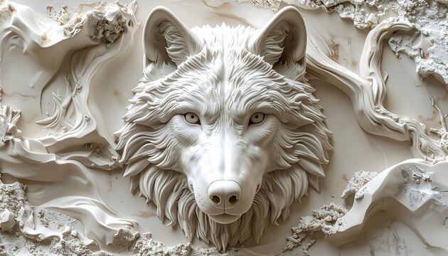 Intricate, embossed white wolf head relief against a marbled white background with abstract swirling patterns