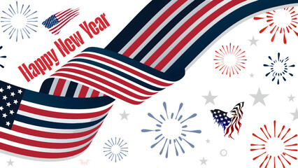Obraz premium Patriotic happy new year design with american flag ribbon and fireworks on a white background design
