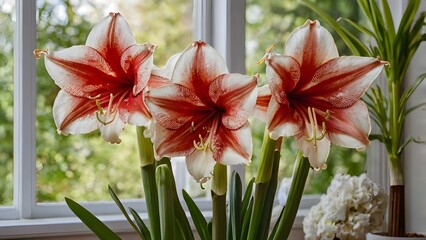 Elegant amaryllis flowers with large, trumpet-shaped red and white blooms, glowing beautifully in soft natural light