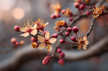 Close-up macro photograph of tree branches with spring buds