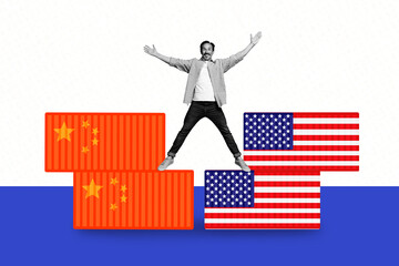 Fototapeta premium 3D photo collage template trend artwork sketch of young man jump flag asia china america falg trade war market earnings investment