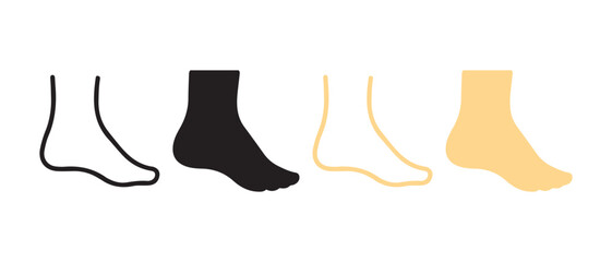 Footwear Icon Set. Minimalist Side Profile Illustrations of Feet and Socks in Outline and Solid Styles.