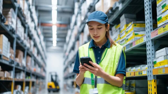 倉庫内でスキャン作業を行う日本人女性スタッフ