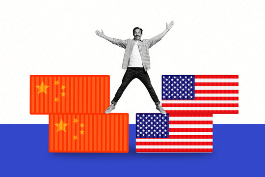 3D photo collage template trend artwork sketch of young man jump flag asia china america falg trade war market earnings investment