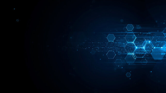 Abstract blue technology background with glowing hexagons and binary code for digital innovation concept