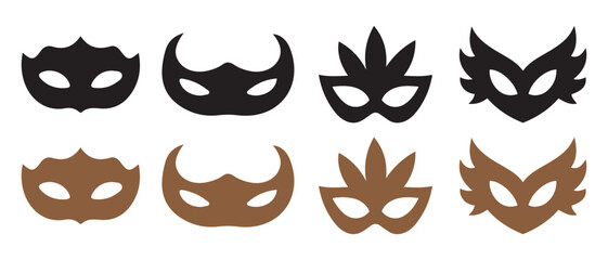 Masquerade Mask Icons. Stylized Costume Silhouettes in Black & Brown Vector Set.