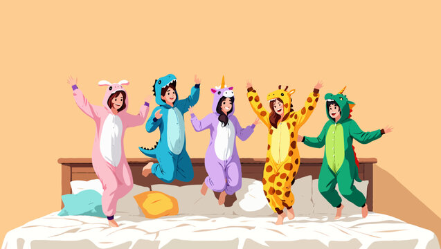 Group friends in animal pajamas jumping on bed having fun at sleepover