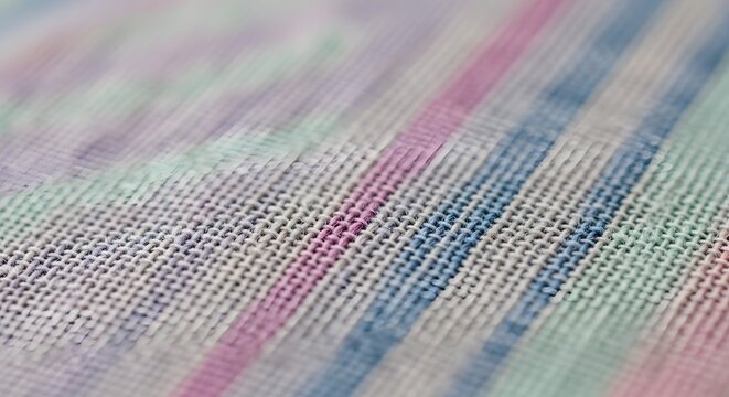 Textile macro: Close-up of pastel striped woven fabric texture with visible threads and shallow depth of field