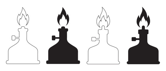 Bunsen Burner Icon Set. Stylized Laboratory Flame Illustrations in Outline and Solid Variations.