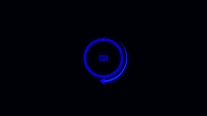 Blue Circular Loading Indicator with 100% Percent and Arrow on Black Background progress. High tech blue progress circle with arrow at 100 percent on black screen in hd modern glowing visualization - Powered by Adobe