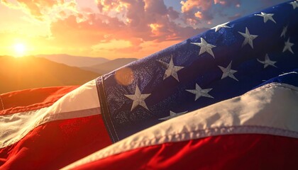 Close-up of American flag billowing in the wind, with mountains and sunset backdrop. Vibrant colors create a patriotic feel
