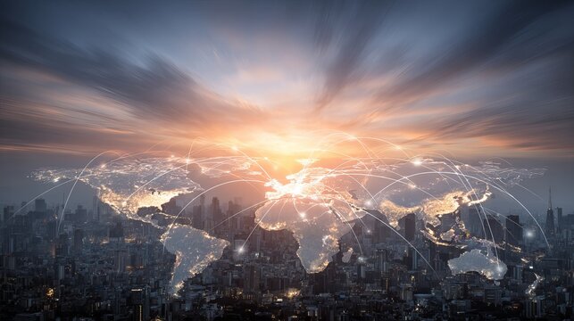Global network connections spread across cities in stunning world map, symbolizing international business expansion and worldwide communication technology - Powered by Adobe