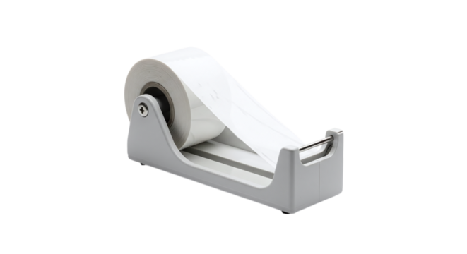 Gray Tape Dispenser with Roll of White Labels, label dispenser isolated on a transparent background