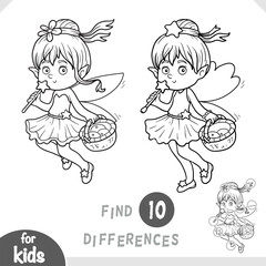 Cute character fairy girl with basket and magic wand. Spot the differences game for kindergarten and preschool children. Black and white coloring page about fairy tales