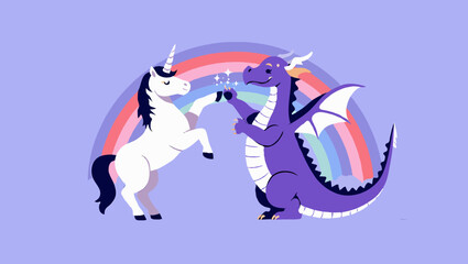 Fototapeta premium A unicorn and dragon high five in front a colorful rainbow