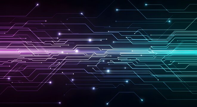 Abstract Digital Circuit Network Background with Glowing Data Lines and Vibrant Gradient Colors