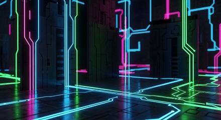 Futuristic digital network with vibrant glowing neon circuit lines on dark background, representing technology, data, and abstract cyberspace.