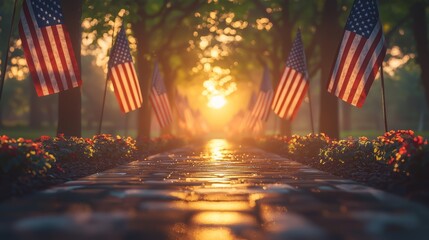 American Flags Line A Stone Path Towards Golden Sunset With Lush Trees and Flowers