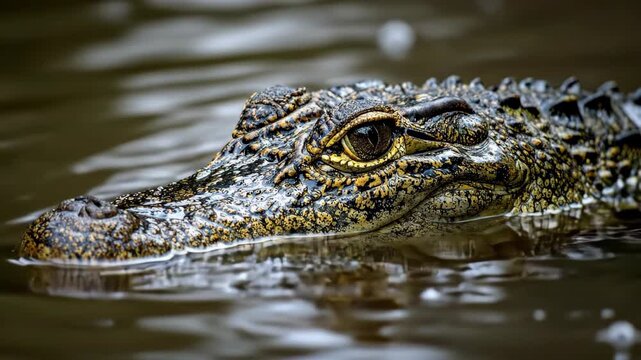 Stealthy Caiman Head Partially Submerged in Murky River Water.