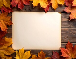 Autumn Leaves Frame on Wooden Background with Blank Paper.