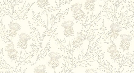 Gentle botanical repeat pattern with thistle outlines, light beige tones