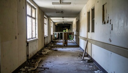 Long, deteriorating hallway in an abandoned building. Sunlight streams through windows, debris litters the floor, and peeling paint