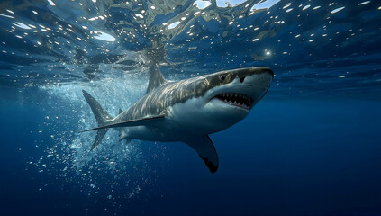 Fototapeta premium Great white shark jumping out of ocean water
