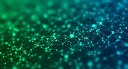 Abstract digital network background with interconnected dots and lines in green and blue gradient, symbolizing data, AI, and connectivity.